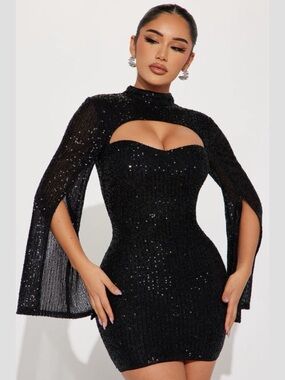 Privy Black Sequin Cutout Mini Dress Cape Sleeve Bodycon Medium